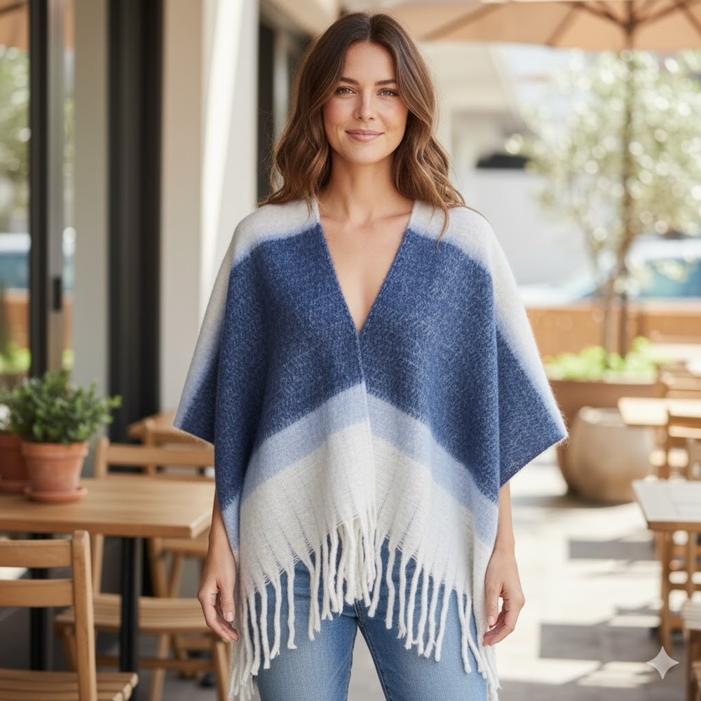 Steve Madden Blue and White Striped Ruana Wrap NWT